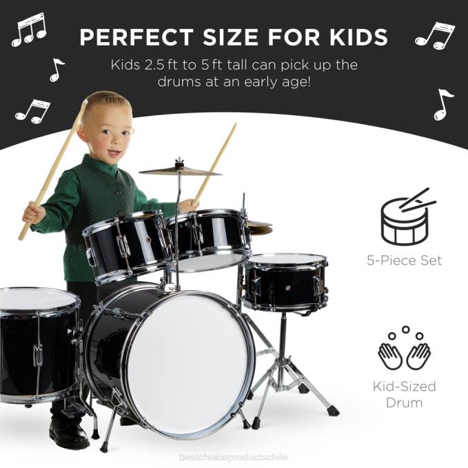 instrumentos musicales | Best Choice Products Juego de batería acústica de madera para principiantes para niños con taburete y baquetas negro08BN543