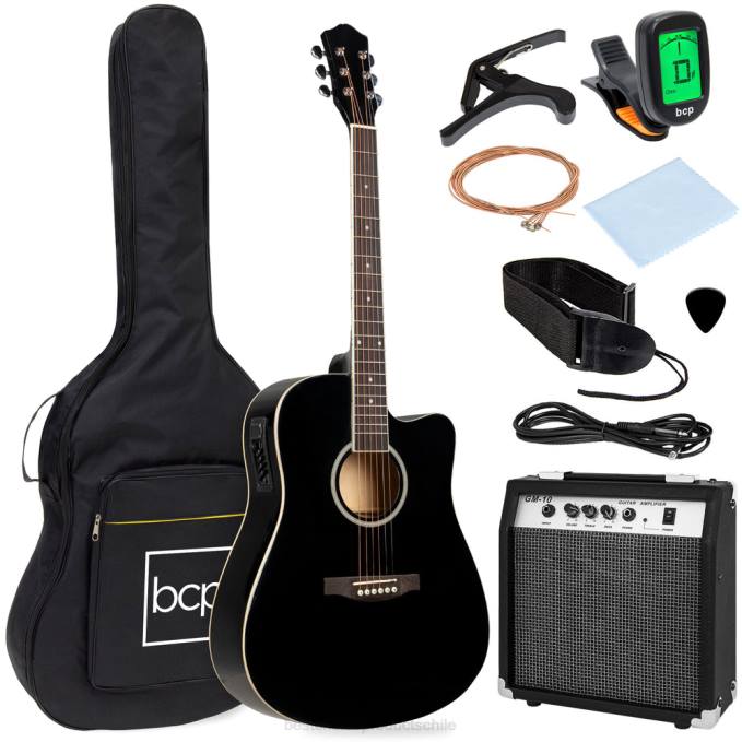 instrumentos musicales | Best Choice Products Juego de guitarra acústica eléctrica cutaway para principiantes con estuche y correa. negro08BN1094