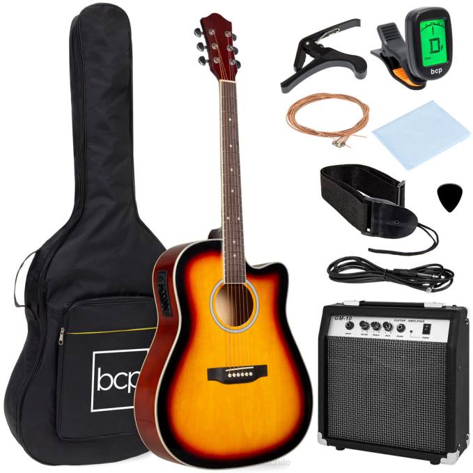 instrumentos musicales | Best Choice Products Juego de guitarra acústica eléctrica cutaway para principiantes con estuche y correa. resplandor solar08BN1095