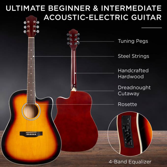 instrumentos musicales | Best Choice Products Juego de guitarra acústica eléctrica cutaway para principiantes con estuche y correa. resplandor solar08BN1095