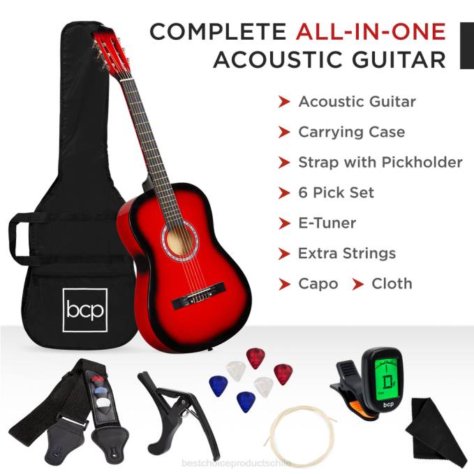 instrumentos musicales | Best Choice Products Juego de guitarra acústica para principiantes con estuche, correa, afinador digital y cuerdas. estallido rojo08BN1114