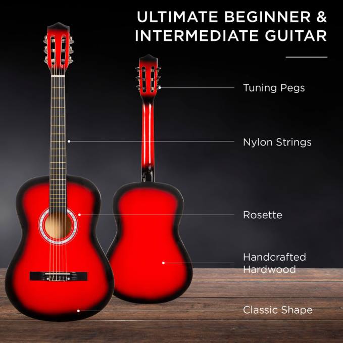 instrumentos musicales | Best Choice Products Juego de guitarra acústica para principiantes con estuche, correa, afinador digital y cuerdas. estallido rojo08BN1114
