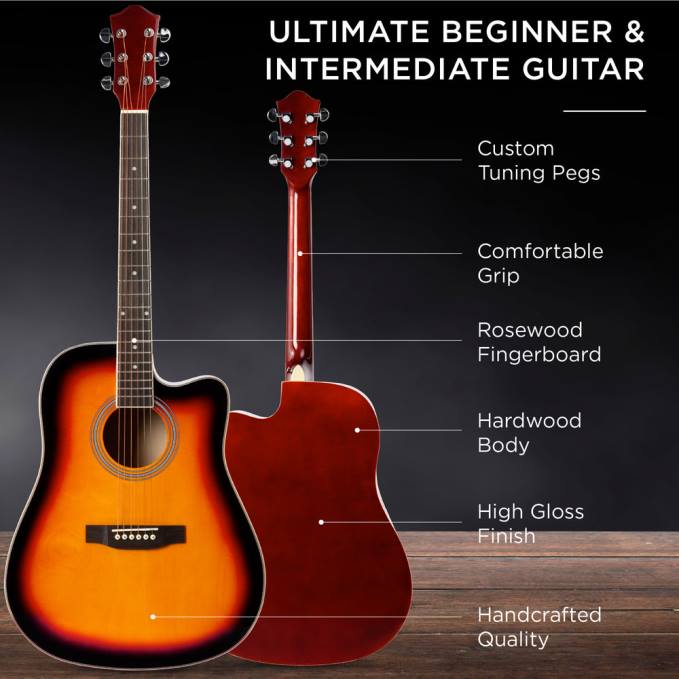 instrumentos musicales | Best Choice Products Juego de guitarra acústica para principiantes de tamaño completo con estuche, correa y cejilla. resplandor solar08BN1067