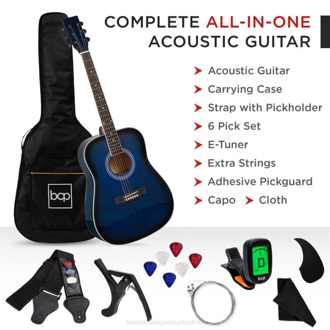 instrumentos musicales | Best Choice Products Kit básico de guitarra acústica de 41 pulgadas con afinador digital, estuche acolchado, púas y correa azul08BN1075
