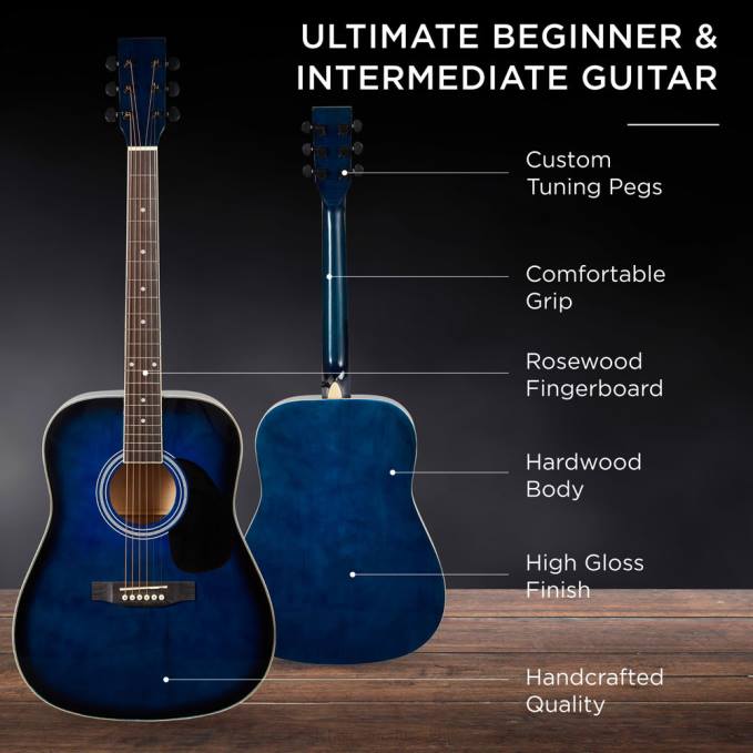 instrumentos musicales | Best Choice Products Kit básico de guitarra acústica de 41 pulgadas con afinador digital, estuche acolchado, púas y correa azul08BN1075
