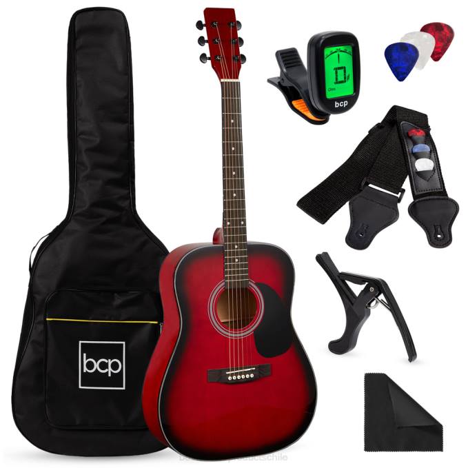 instrumentos musicales | Best Choice Products Kit básico de guitarra acústica de 41 pulgadas con afinador digital, estuche acolchado, púas y correa estallido rojo08BN1076