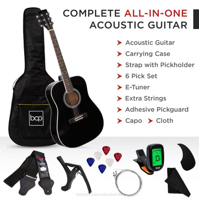instrumentos musicales | Best Choice Products Kit básico de guitarra acústica de 41 pulgadas con afinador digital, estuche acolchado, púas y correa negro08BN1074
