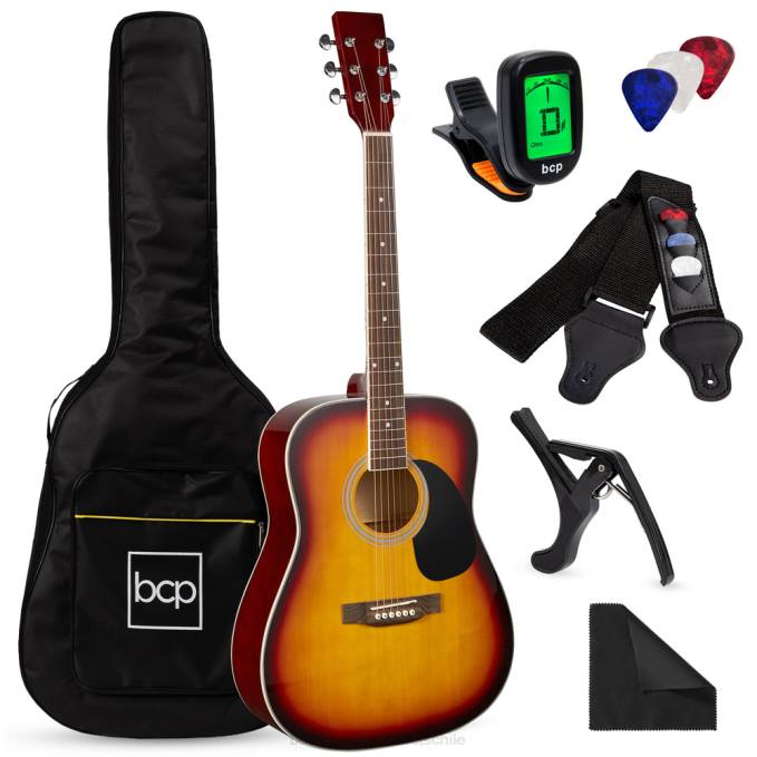 instrumentos musicales | Best Choice Products Kit básico de guitarra acústica de 41 pulgadas con afinador digital, estuche acolchado, púas y correa resplandor solar08BN1073