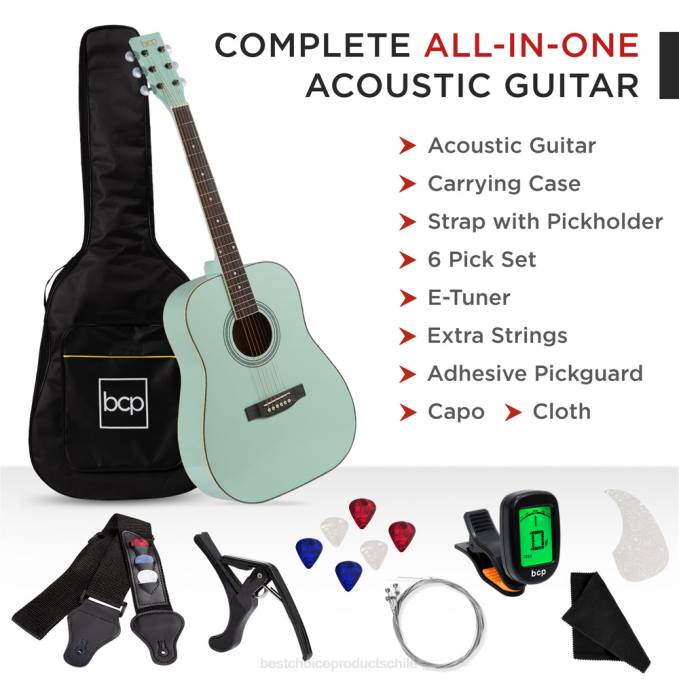 instrumentos musicales | Best Choice Products Kit básico de guitarra acústica de 41 pulgadas con afinador digital, estuche acolchado, púas y correa verde social08BN1077