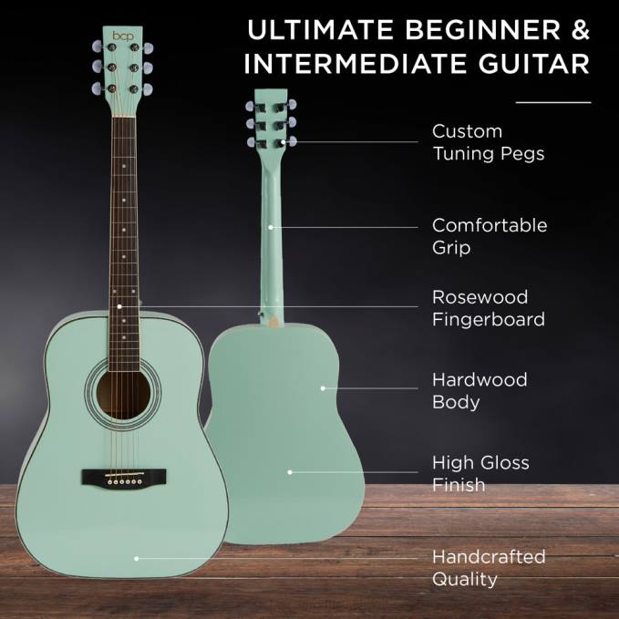 instrumentos musicales | Best Choice Products Kit básico de guitarra acústica de 41 pulgadas con afinador digital, estuche acolchado, púas y correa verde social08BN1077