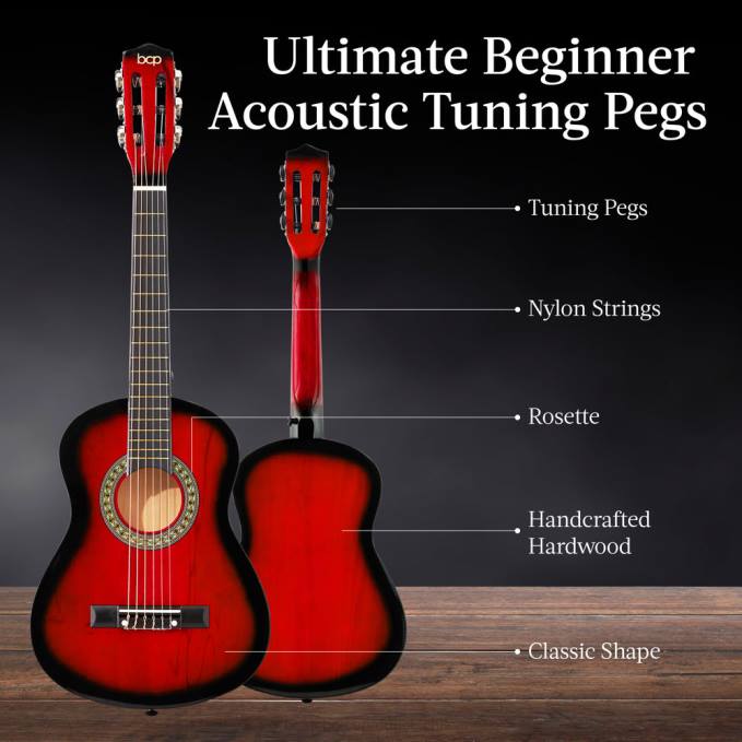 instrumentos musicales | Best Choice Products Kit básico para principiantes de guitarra acústica para niños con estuche de transporte. estallido rojo08BN1041