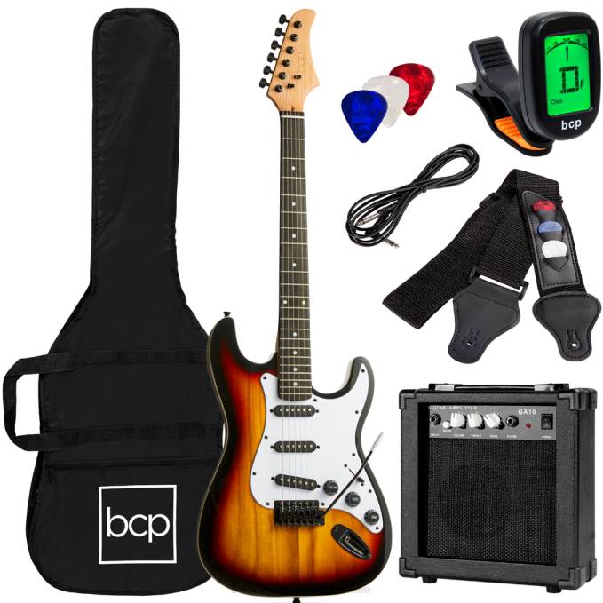 instrumentos musicales | Best Choice Products Kit de guitarra eléctrica para principiantes con estuche, amplificador de 10 vatios y barra de trémolo. 3 colores de rayos de sol08BN1110