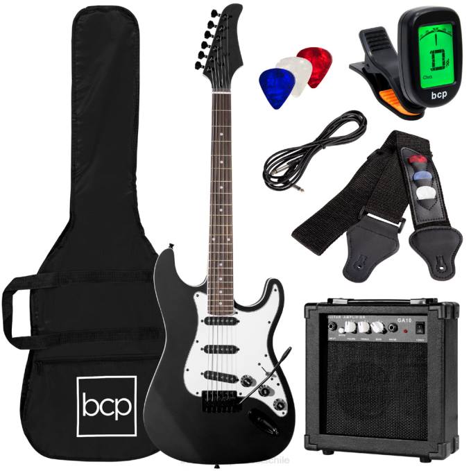 instrumentos musicales | Best Choice Products Kit de guitarra eléctrica para principiantes con estuche, amplificador de 10 vatios y barra de trémolo. negro azabache08BN1099