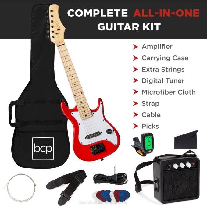 instrumentos musicales | Best Choice Products Kit de iniciación para principiantes de guitarra eléctrica para niños con amplificador de 5w rojo metalizado08BN1086