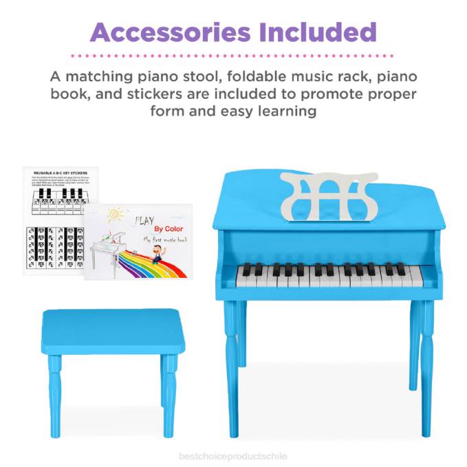 instrumentos musicales | Best Choice Products Mini piano de cola de madera para niños con tapa, banco, atril, cancionero y pegatinas azul claro08BN1126