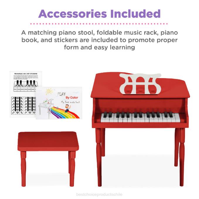 instrumentos musicales | Best Choice Products Mini piano de cola de madera para niños con tapa, banco, atril, cancionero y pegatinas rojo08BN1128