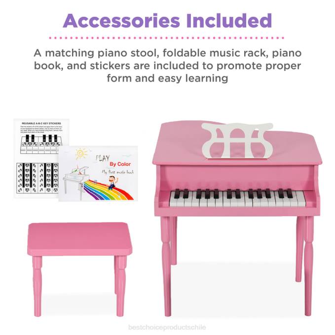 instrumentos musicales | Best Choice Products Mini piano de cola de madera para niños con tapa, banco, atril, cancionero y pegatinas rosa08BN1122