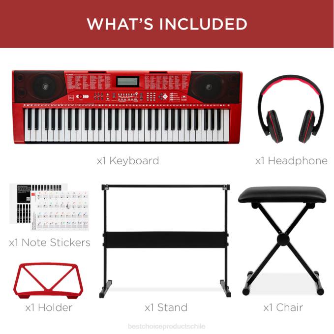 instrumentos musicales | Best Choice Products Juego de piano y teclado electrónico para principiantes de 61 teclas con teclas iluminadas y auriculares rojo08BN1134