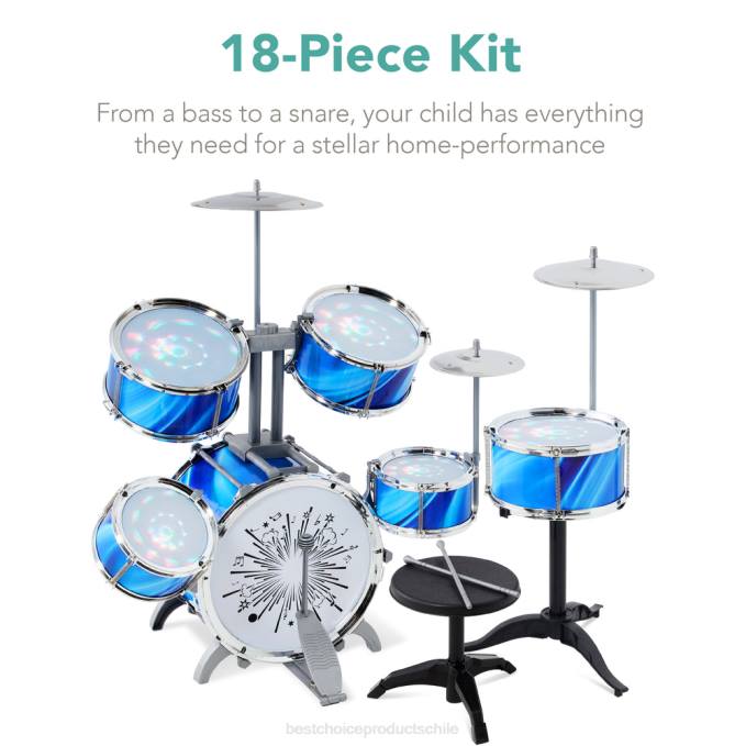 juguete y juego | Best Choice Products Batería para principiantes para niños de 18 piezas, juego de instrumentos musicales de juguete con luces LED azul08BN562