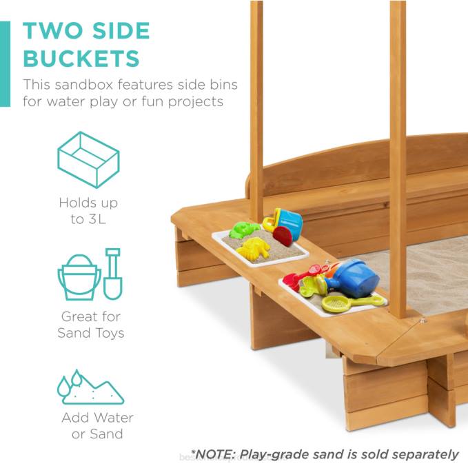 juguete y juego | Best Choice Products Cabaña con arena para niños de madera con bancos, dosel, cubierta de arena, 2 cubos natural08BN1030