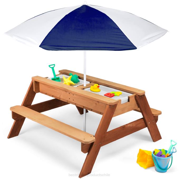 juguete y juego | Best Choice Products Mesa de picnic de madera para exteriores con mesa de arena y agua para niños 3 en 1 con sombrilla Armada08BN1005