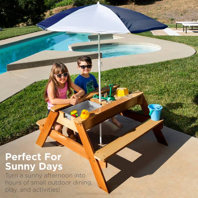 juguete y juego | Best Choice Products Mesa de picnic de madera para exteriores con mesa de arena y agua para niños 3 en 1 con sombrilla Armada08BN1005