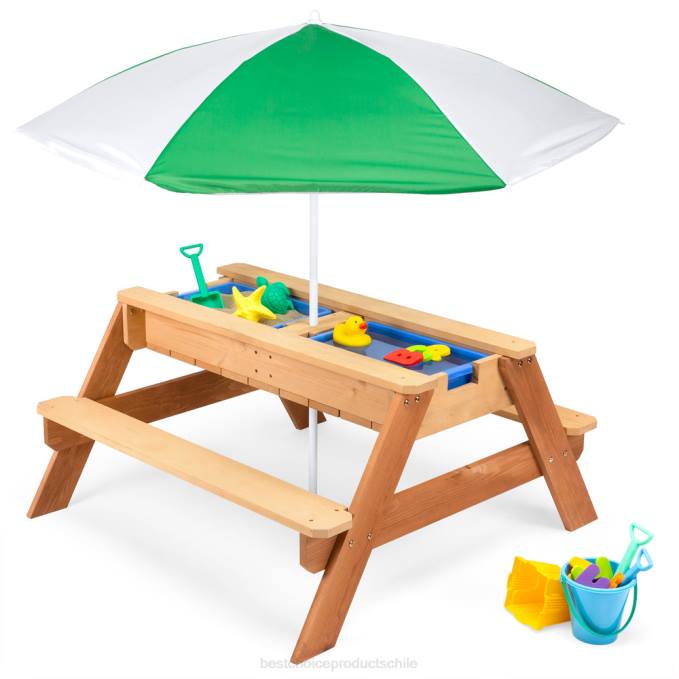 juguete y juego | Best Choice Products Mesa de picnic de madera para exteriores con mesa de arena y agua para niños 3 en 1 con sombrilla verde08BN1004