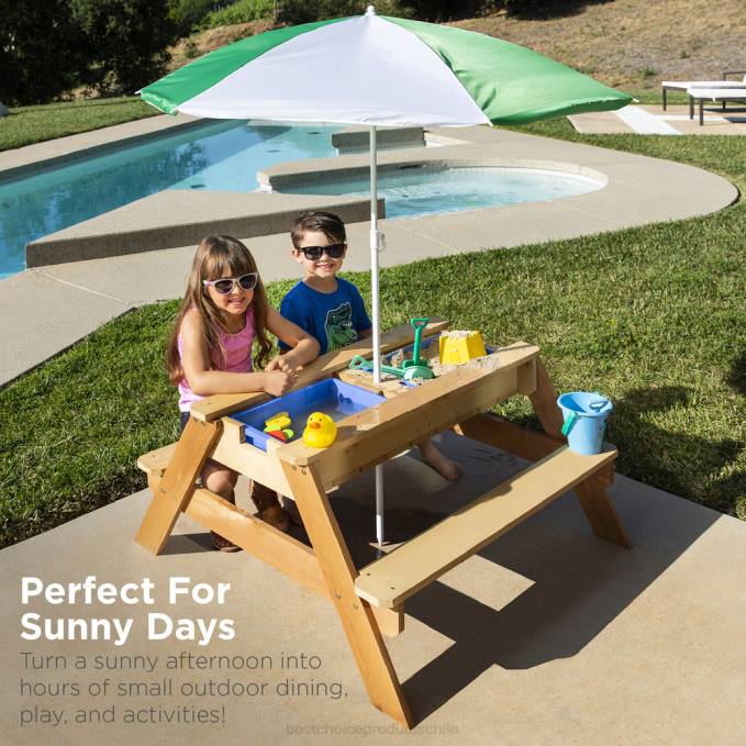 juguete y juego | Best Choice Products Mesa de picnic de madera para exteriores con mesa de arena y agua para niños 3 en 1 con sombrilla verde08BN1004