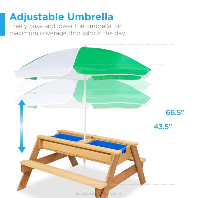 juguete y juego | Best Choice Products Mesa de picnic de madera para exteriores con mesa de arena y agua para niños 3 en 1 con sombrilla verde08BN1004
