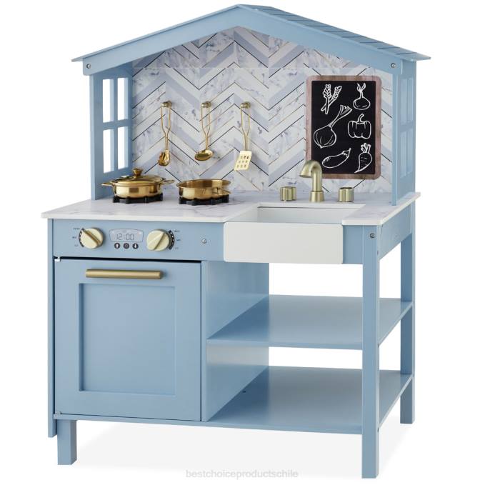 juguete y juego | Best Choice Products Cocina de juguete estilo granja para niños con pizarra, estantes de almacenamiento y 5 accesorios azul biselado08BN301