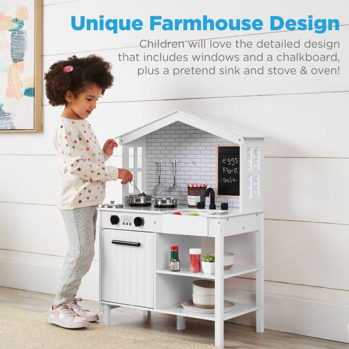 juguete y juego | Best Choice Products Cocina de juguete estilo granja para niños con pizarra, estantes de almacenamiento y 5 accesorios blanco08BN298