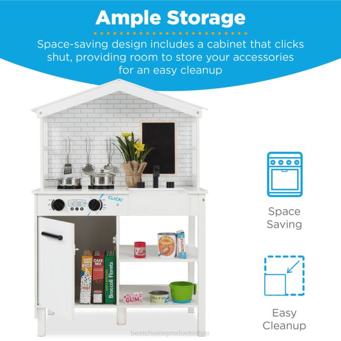 juguete y juego | Best Choice Products Cocina de juguete estilo granja para niños con pizarra, estantes de almacenamiento y 5 accesorios blanco08BN298