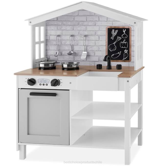 juguete y juego | Best Choice Products Cocina de juguete estilo granja para niños con pizarra, estantes de almacenamiento y 5 accesorios blanco biselado08BN299