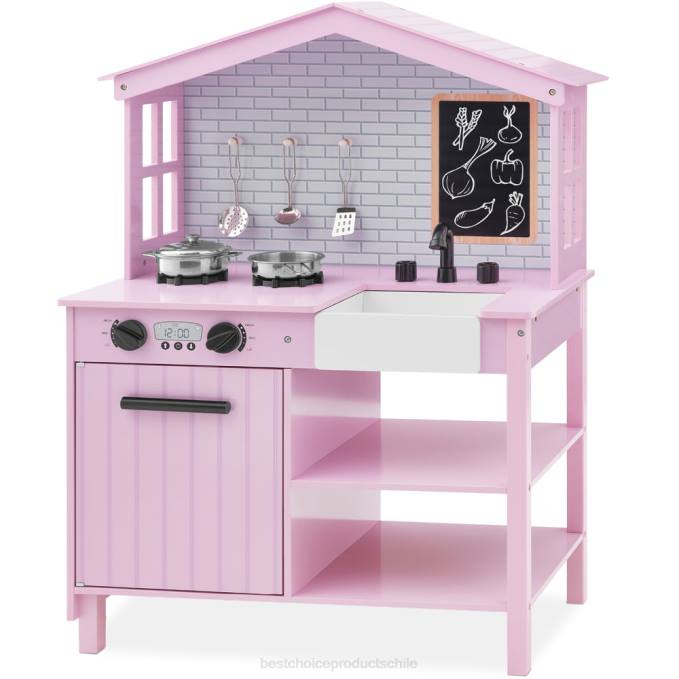 juguete y juego | Best Choice Products Cocina de juguete estilo granja para niños con pizarra, estantes de almacenamiento y 5 accesorios rosa08BN297