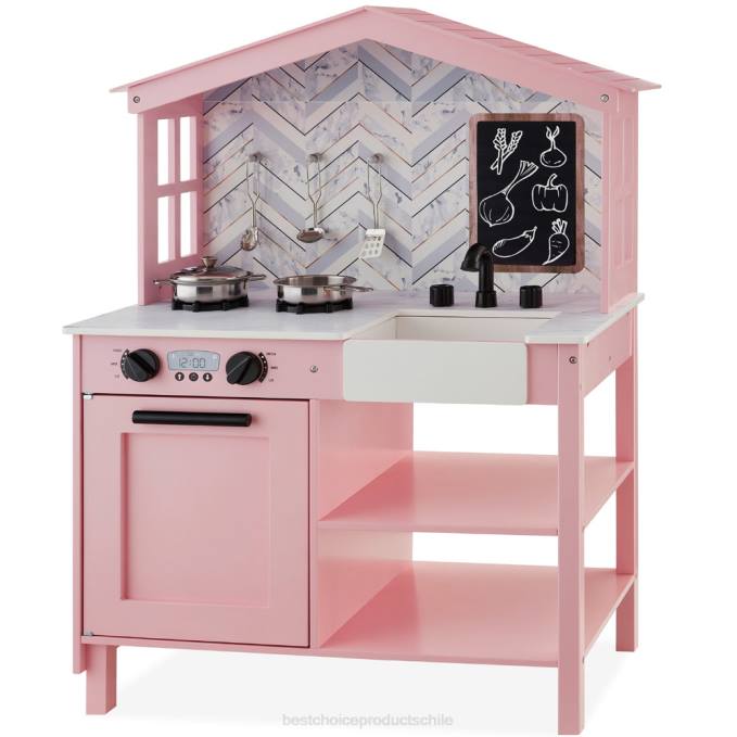 juguete y juego | Best Choice Products Cocina de juguete estilo granja para niños con pizarra, estantes de almacenamiento y 5 accesorios rosa biselado08BN300