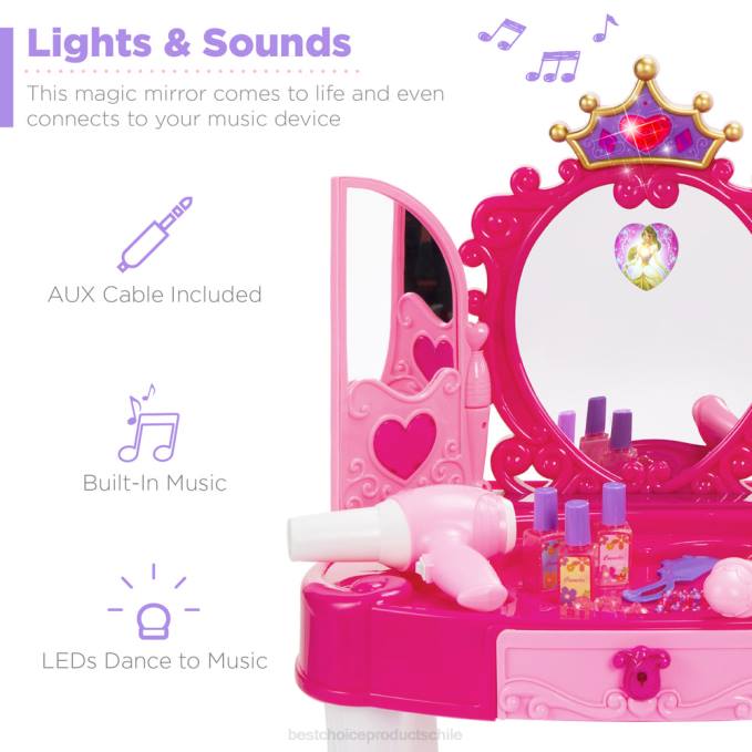 juguete y juego | Best Choice Products Espejo de tocador Princess para niños con cable auxiliar, varita, secador de pelo y accesorios. rosa08BN1031
