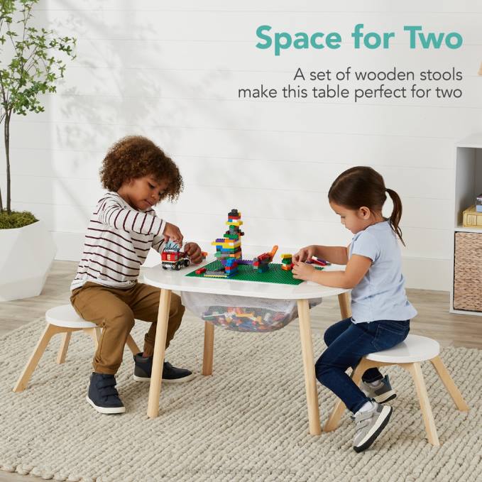 juguete y juego | Best Choice Products Mesa de construcción infantil 2 en 1 con 2 taburetes y compartimento de almacenamiento blanco08BN1014