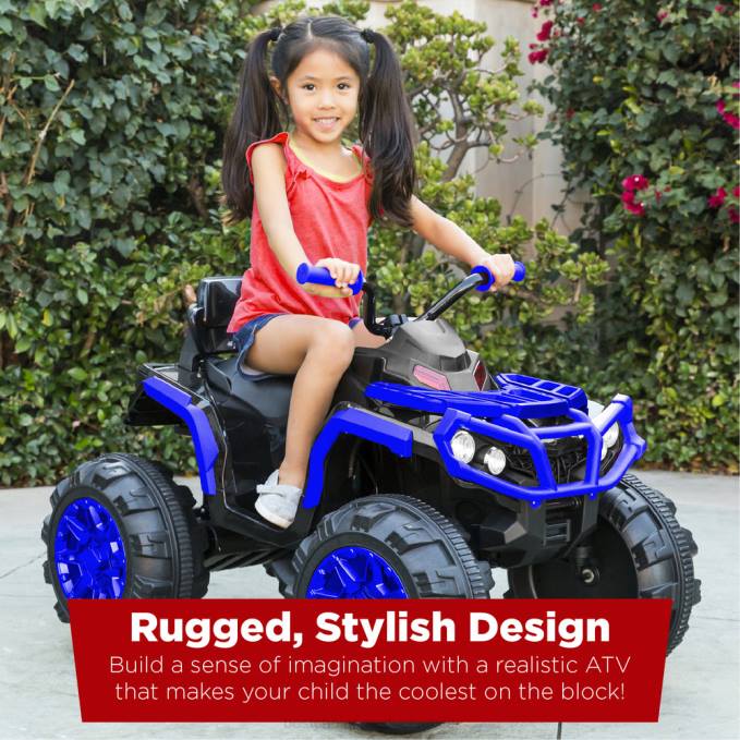 juguete y juego | Best Choice Products Coche quad atv de 4 ruedas para niños de 12 V con velocidad máxima de 3,7 mph, bluetooth y faros azul08BN500