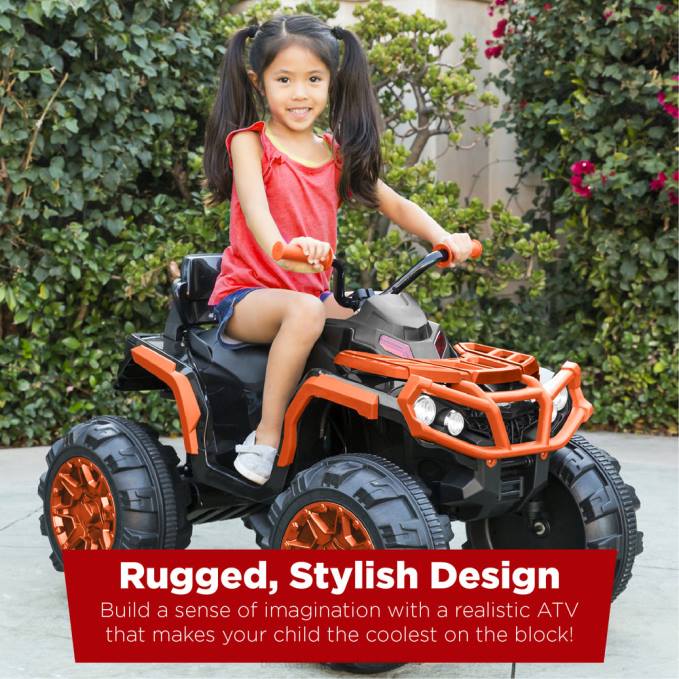 juguete y juego | Best Choice Products Coche quad atv de 4 ruedas para niños de 12 V con velocidad máxima de 3,7 mph, bluetooth y faros naranja08BN498