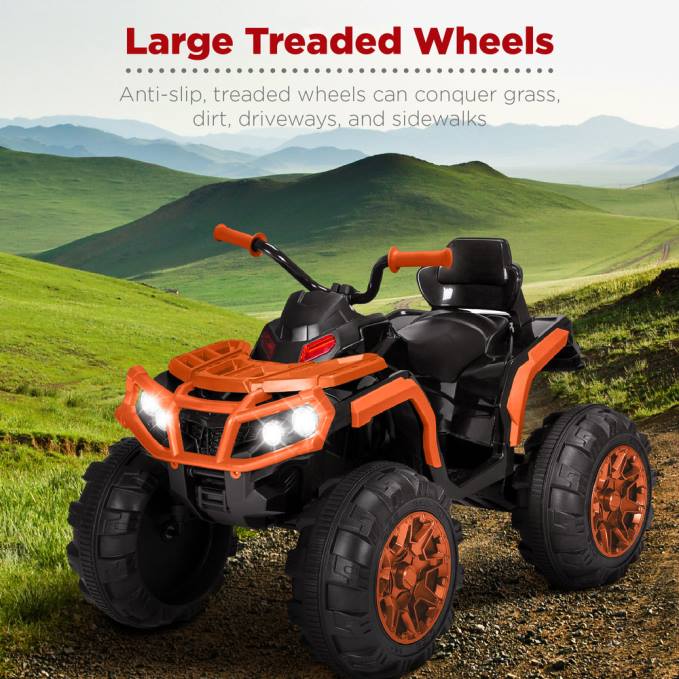 juguete y juego | Best Choice Products Coche quad atv de 4 ruedas para niños de 12 V con velocidad máxima de 3,7 mph, bluetooth y faros naranja08BN498