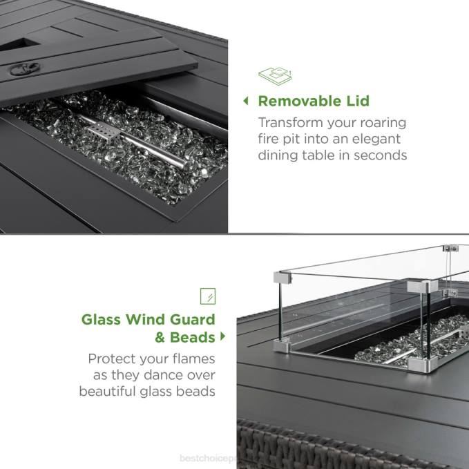 vida al aire libre | Best Choice Products mesa de mimbre para brasero de propano, 50,000 btu con protector contra el viento de vidrio, cubierta gris08BN929