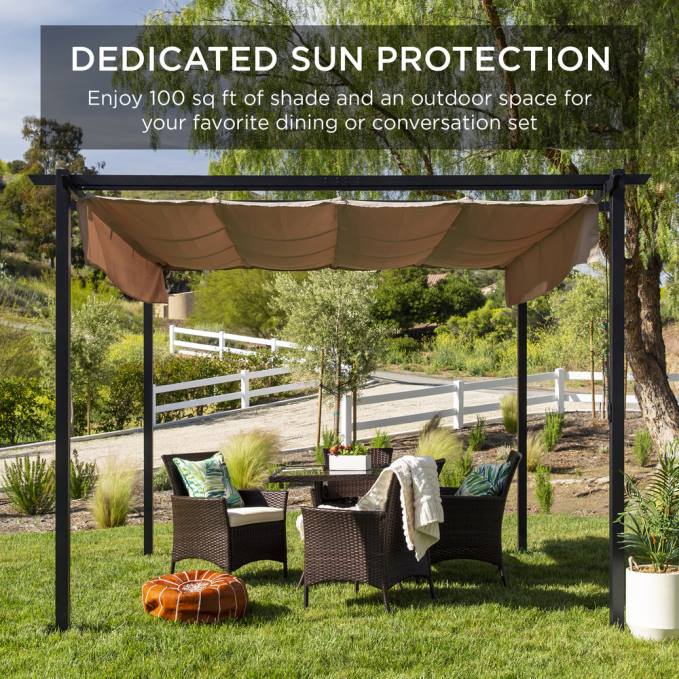 vida al aire libre | Best Choice Products pérgola exterior, refugio para patio con dosel retráctil, estructura de acero negro08BN1444