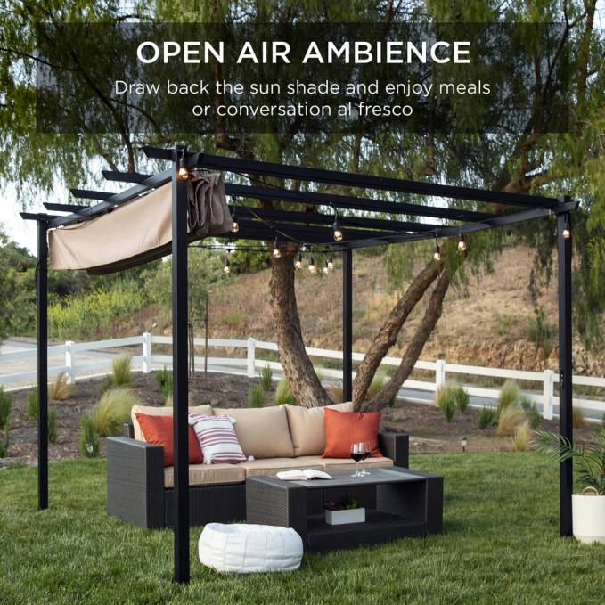 vida al aire libre | Best Choice Products pérgola exterior, refugio para patio con dosel retráctil, estructura de acero negro08BN1444