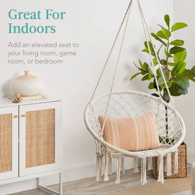vida al aire libre | Best Choice Products Columpio de silla colgante de hamaca de macramé de algodón, tejido a mano con respaldo beige08BN1464