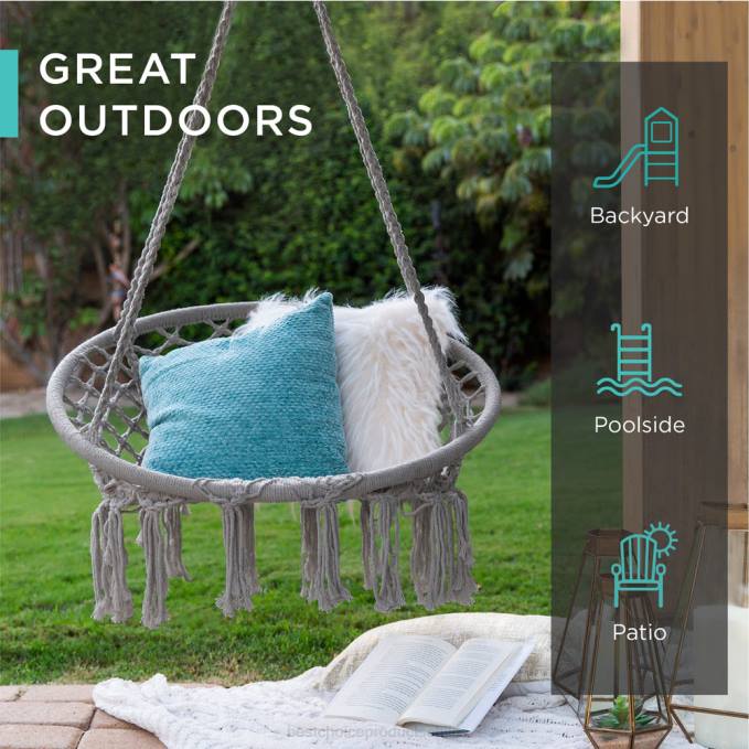 vida al aire libre | Best Choice Products Columpio de silla colgante de hamaca de macramé de algodón, tejido a mano con respaldo gris08BN1465