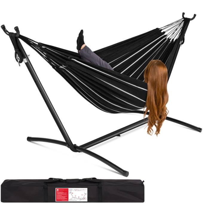 vida al aire libre | Best Choice Products Hamaca doble estilo brasileño para 2 personas con bolsa de transporte y soporte de acero ónix08BN883