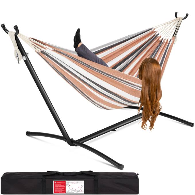 vida al aire libre | Best Choice Products Hamaca doble estilo brasileño para 2 personas con bolsa de transporte y soporte de acero rayas del desierto08BN879