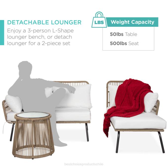 vida al aire libre | Best Choice Products Conjunto de sofá seccional tejido con cuerda en forma de L con tumbona desmontable y mesa blanco08BN402