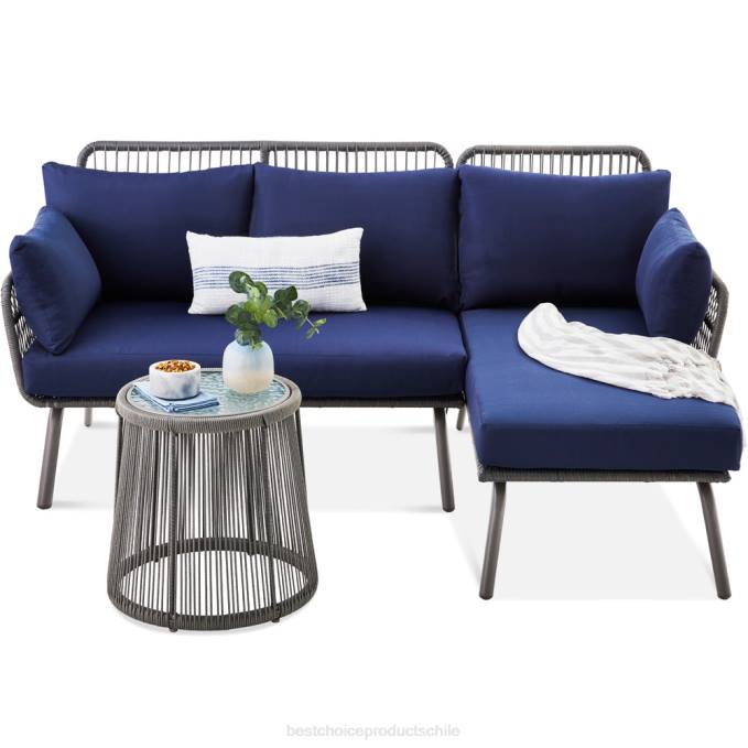 vida al aire libre | Best Choice Products Conjunto de sofá seccional tejido con cuerda en forma de L con tumbona desmontable y mesa gris/azul marino08BN404