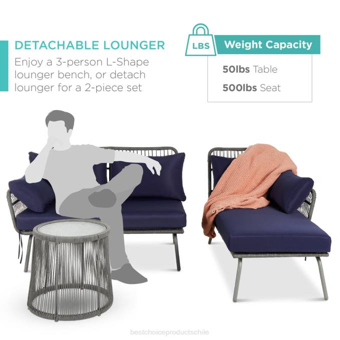 vida al aire libre | Best Choice Products Conjunto de sofá seccional tejido con cuerda en forma de L con tumbona desmontable y mesa gris/azul marino08BN404